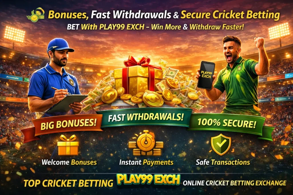 PLAY99 EXCH cricket betting app banner showing bonuses, fast withdrawals and secure online cricket betting exchange platform