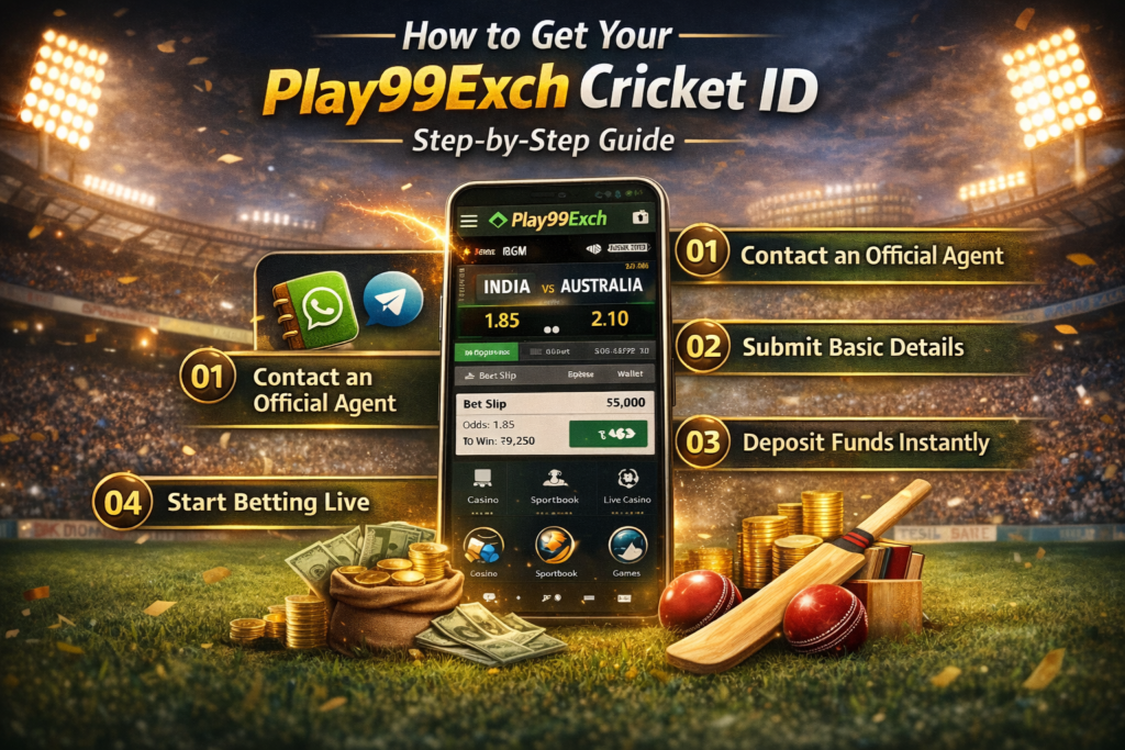Play99Exch Cricket ID step-by-step guide banner showing registration process, agent contact, deposit funds, and live cricket betting on mobile
