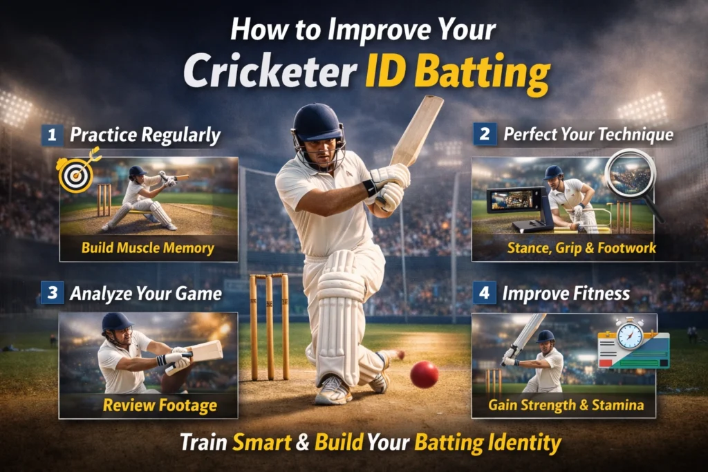 How to improve cricketer ID batting with practice drills, technique training, fitness workouts and match analysis in cricket