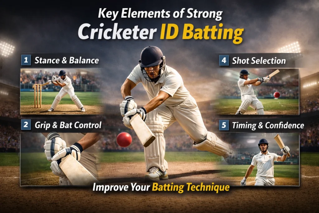 Key elements of strong cricketer ID batting including stance, grip, footwork, shot selection and timing in cricket