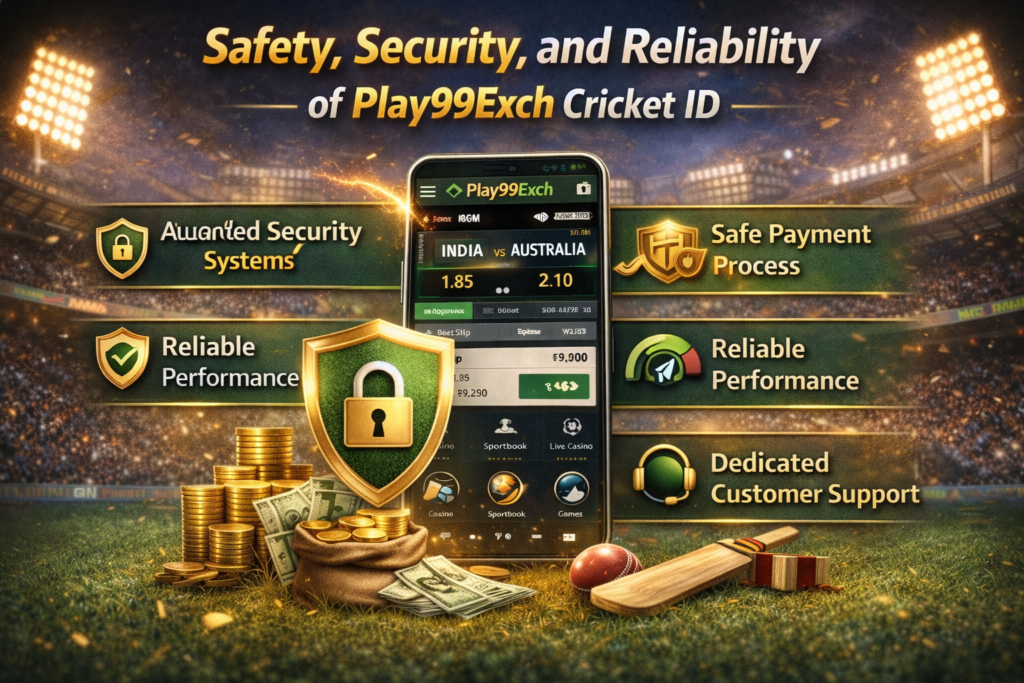 Play99Exch Cricket ID secure betting platform banner showing safe payments, advanced security systems, reliable performance, and trusted cricket exchange app