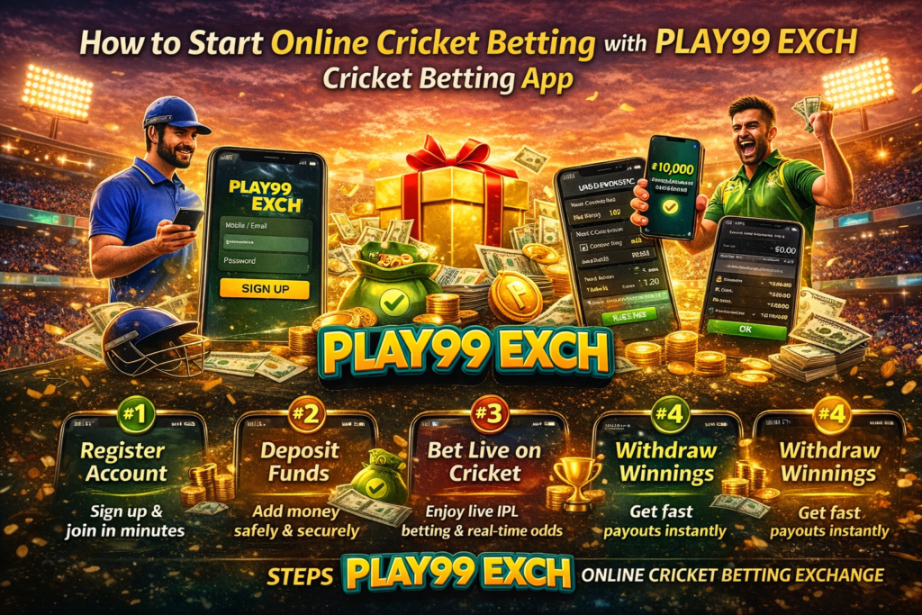 How to start cricket betting on PLAY99 EXCH cricket betting app showing register account deposit funds live betting and withdraw winnings steps