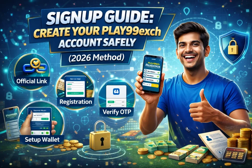 Play99exch signup guide image showing OTP verification, account setup steps, and secure registration icons.