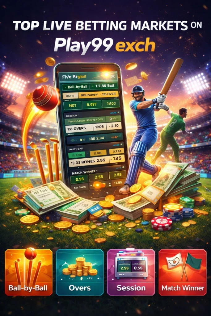 Play99 Exch live cricket betting markets including ball-by-ball, overs, session betting displayed on mobile interface.