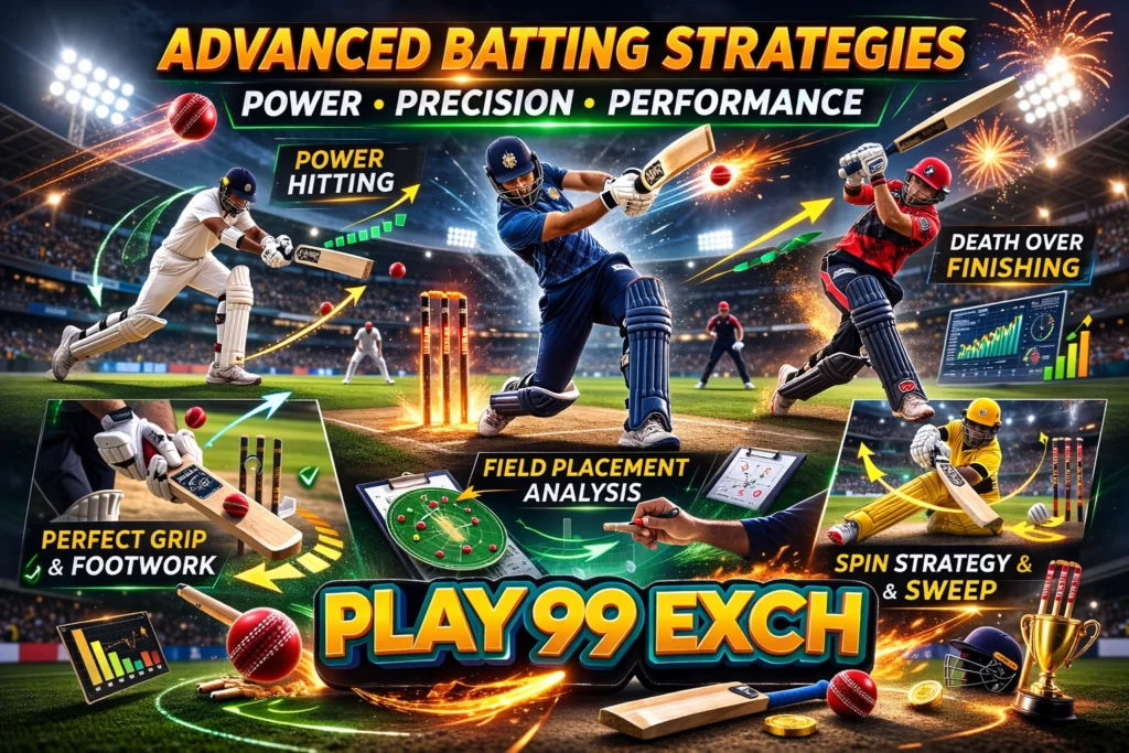 Advanced batting strategies in cricket showing power hitting, field placement and finishing with Play99Exch branding