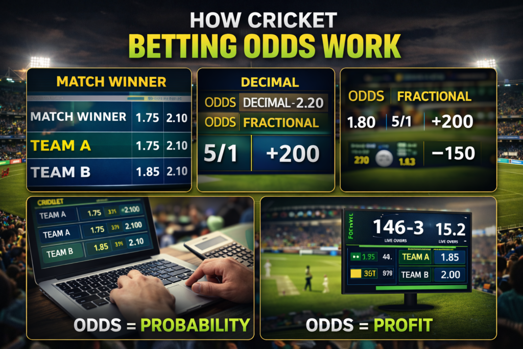 Understand cricket betting odds with easy examples. Learn decimal, fractional and live betting odds calculation for smarter betting decisions.