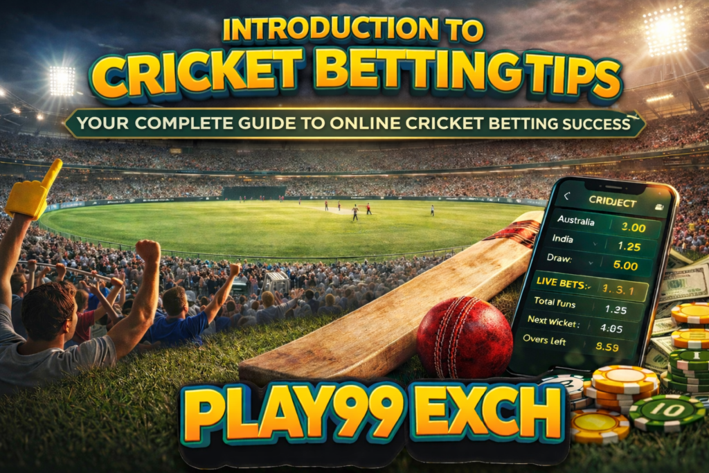 Play99Exch cricket betting tips banner with stadium, bat, ball and live betting screen