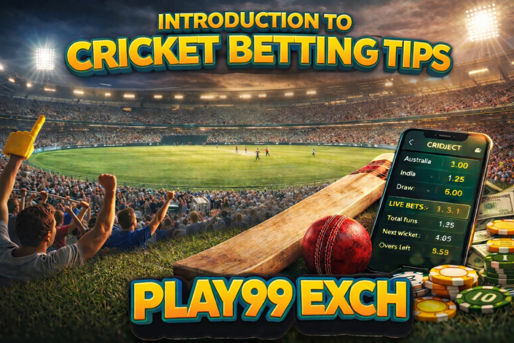 Cricket betting tips banner with Play99Exch logo, stadium, bat, ball and live betting screen