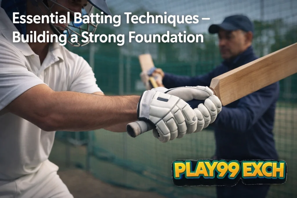 Cricket batting technique training with professional player and Play99Exch logo
