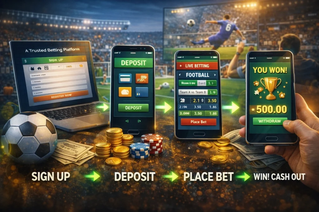 Step by step online betting process showing sign up, deposit, place bet and withdraw winnings on mobile devices