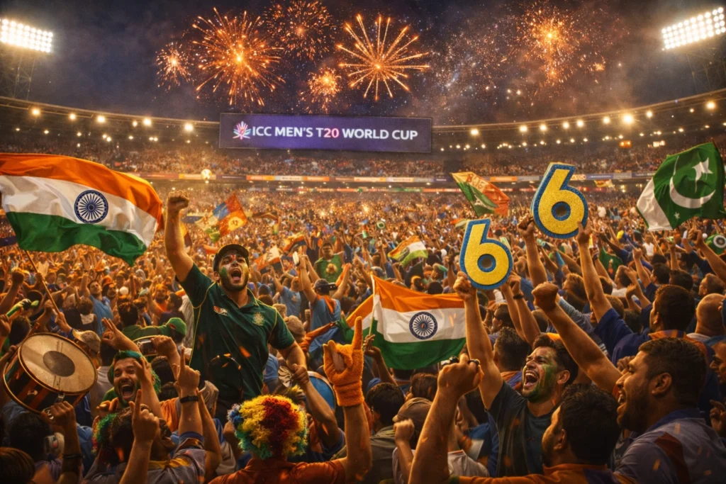 Packed stadium with cheering fans waving flags during ICC Men’s T20 World Cup cricket match under floodlights