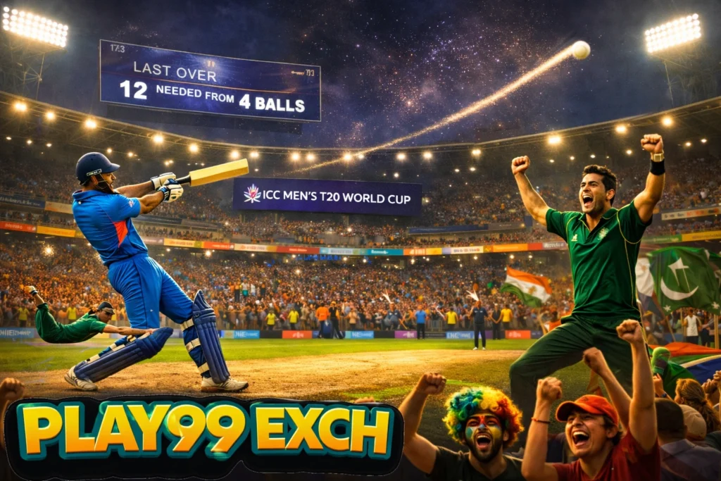 ICC Men’s T20 World Cup cricket match with packed stadium, batsman hitting six and Play99Exch logo banner