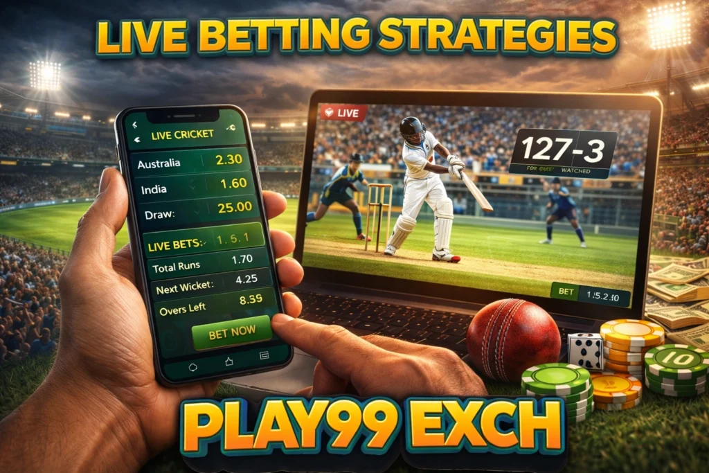 Live cricket betting tips banner showing smartphone with live odds and Play99Exch logo in stadium