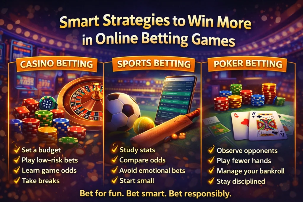 Online betting strategy guide showing casino poker and sports betting tips and smart betting plan