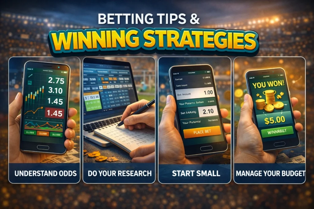 Online betting tips and strategies showing sports odds charts research planning and mobile betting app