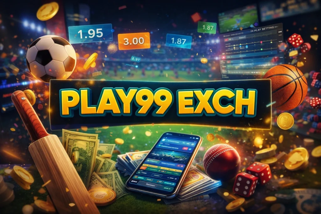 Online match betting concept with Play99 Exch logo, sports equipment, live odds on mobile screen and betting elements