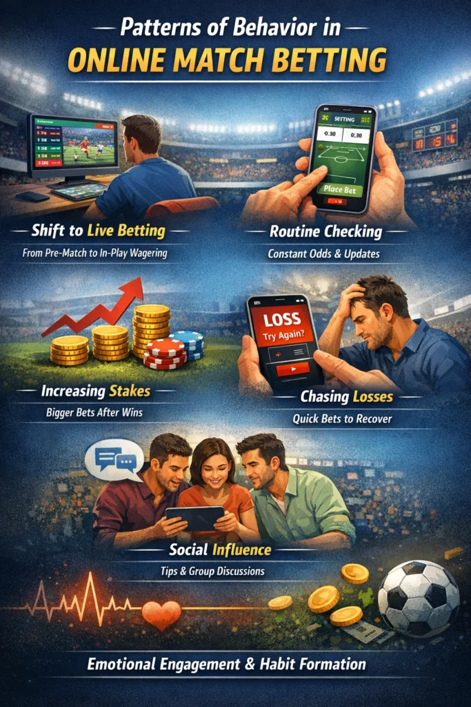 Infographic showing patterns of behavior in online match betting including live odds checking, repeated wagers and emotional reactions during sports matches