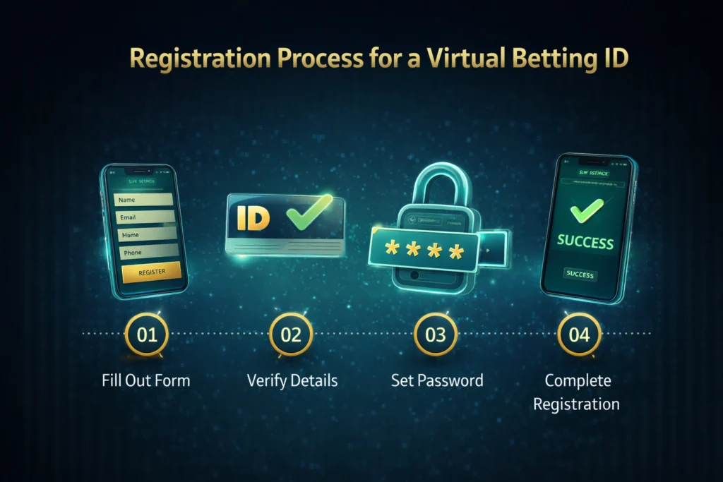 Registration process for a Virtual Betting ID showing online signup steps on mobile device