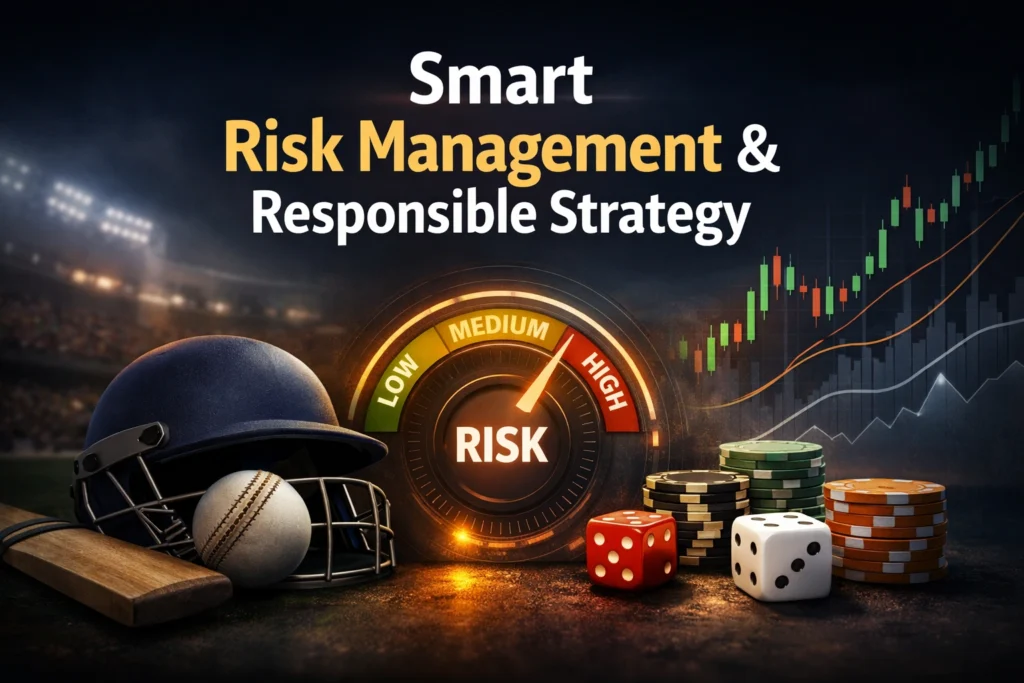 Smart risk management and responsible strategy concept with cricket gear, financial chart and risk meter illustration