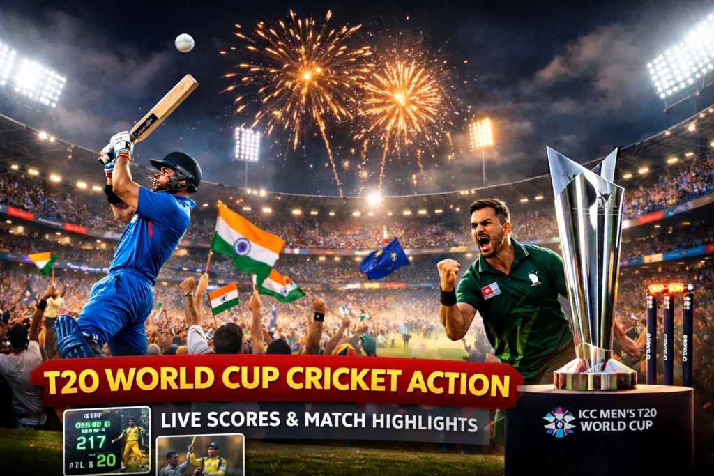 T20 World Cup cricket stadium match with batsman hitting six, cheering crowd, fireworks, and ICC trophy under lights
