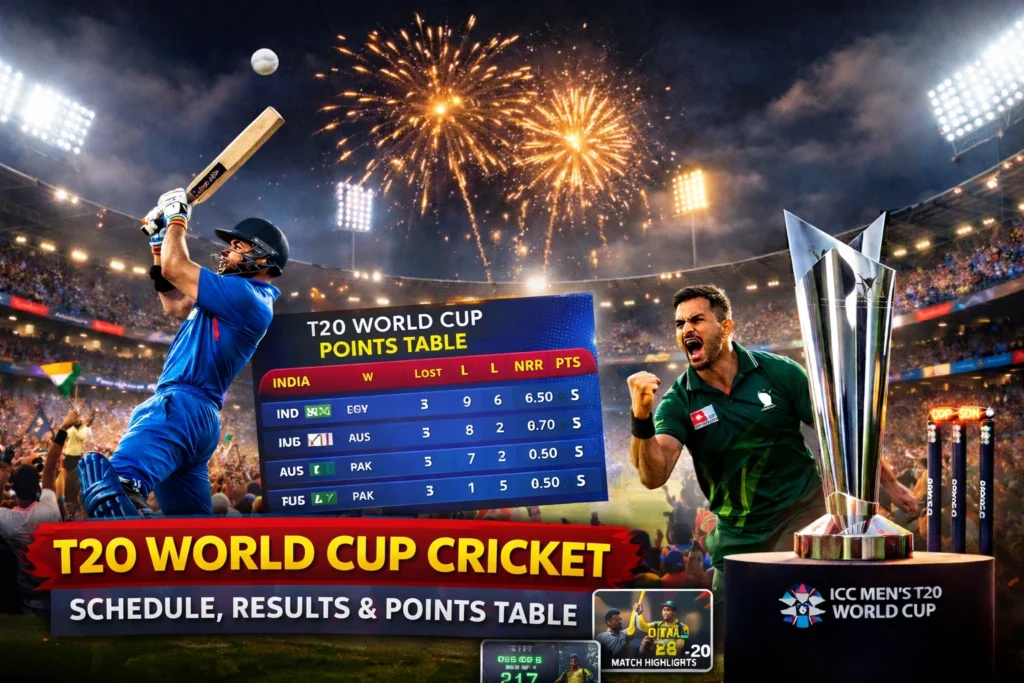 T20 World Cup cricket schedule results and points table with stadium action fireworks and ICC trophy