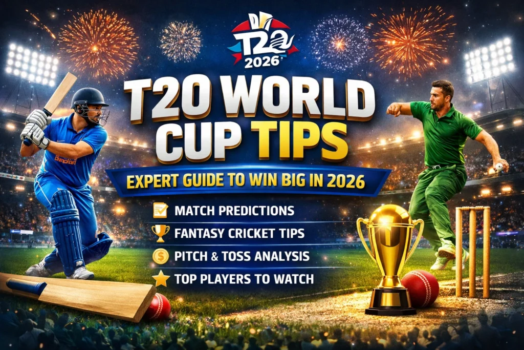 T20 World Cup 2026 Tips expert guide with cricket players, trophy and stadium background