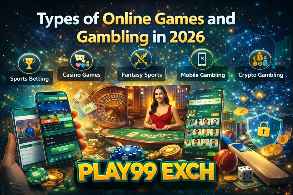Types of online games and gambling including sports betting, live casino, fantasy sports, and mobile gambling apps