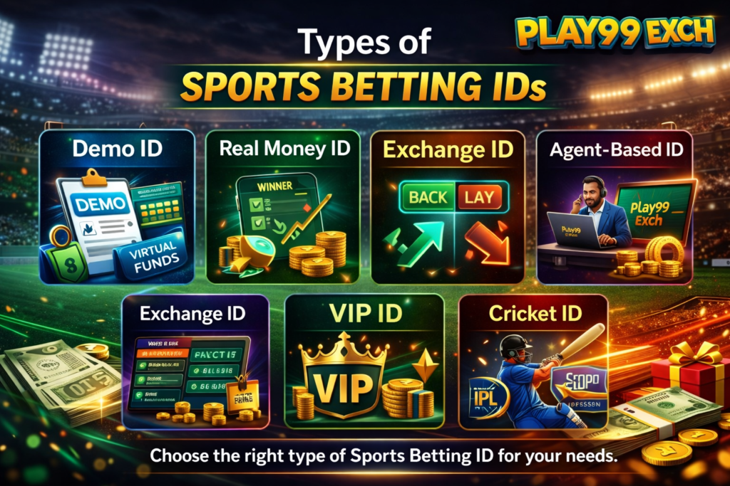 Types of Sports Betting IDs including Demo ID, Real Money ID, Exchange ID, VIP ID and Cricket ID with Play99 Exch branding