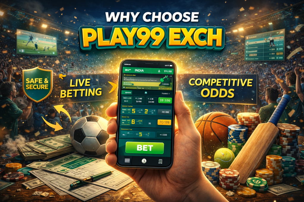Play99 EXCH mobile sports betting app showing live odds with football, cricket, and casino chips in stadium background