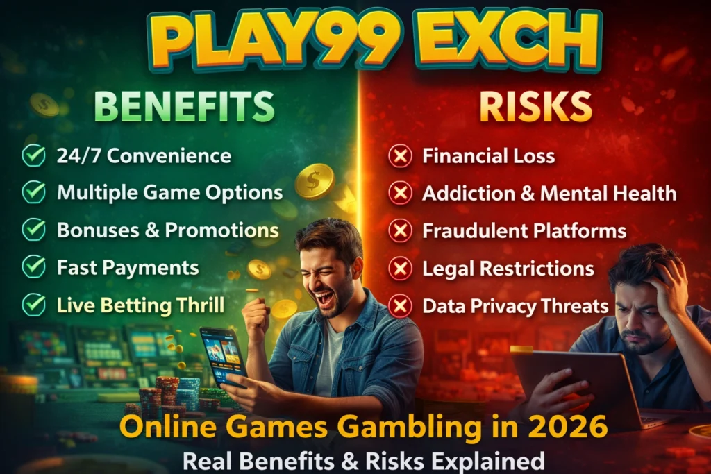 Benefits and risks of online games gambling in 2026 showing mobile betting, casino games and responsible gambling concept