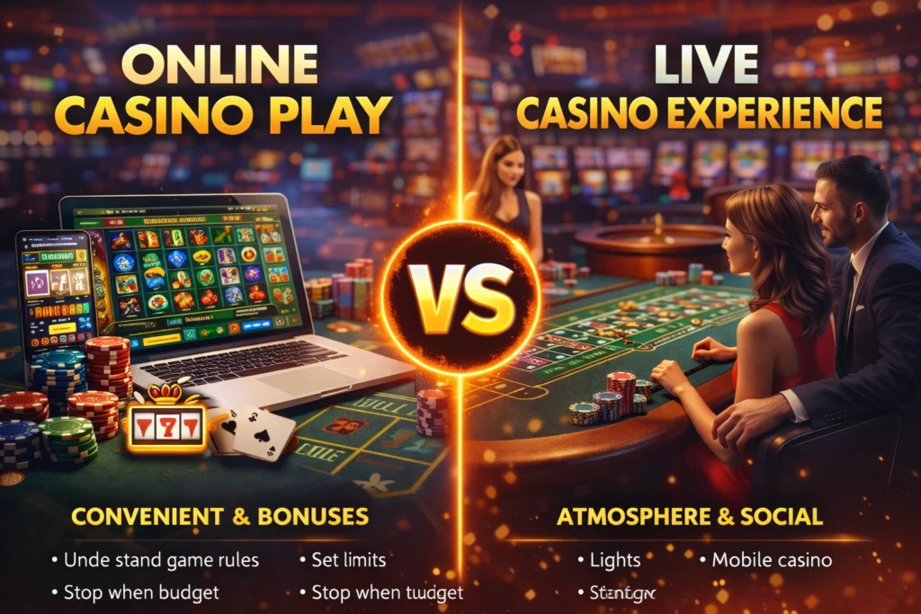 Online casino play vs live casino experience comparison featuring mobile casino gaming, roulette table, casino chips, and real casino atmosphere