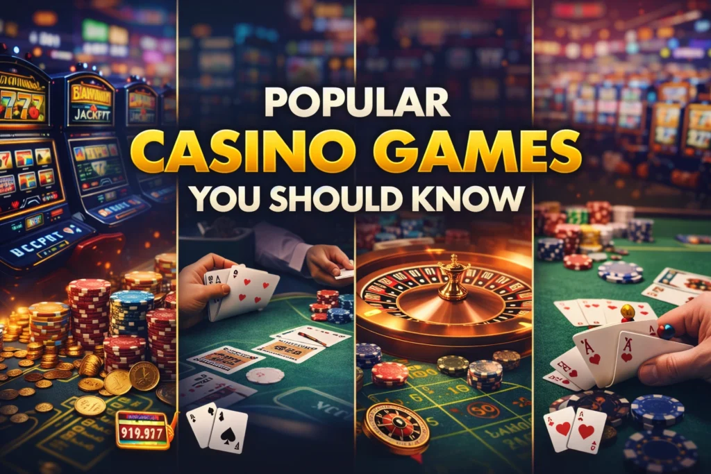 Popular casino games including slot machines, blackjack table, roulette wheel, and poker cards in a vibrant casino setting