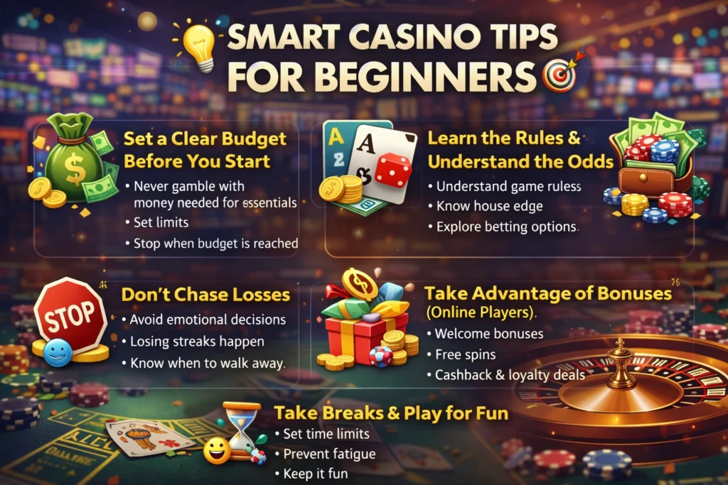 Smart casino tips for beginners including bankroll management, budgeting, learning game rules, and responsible gambling strategies