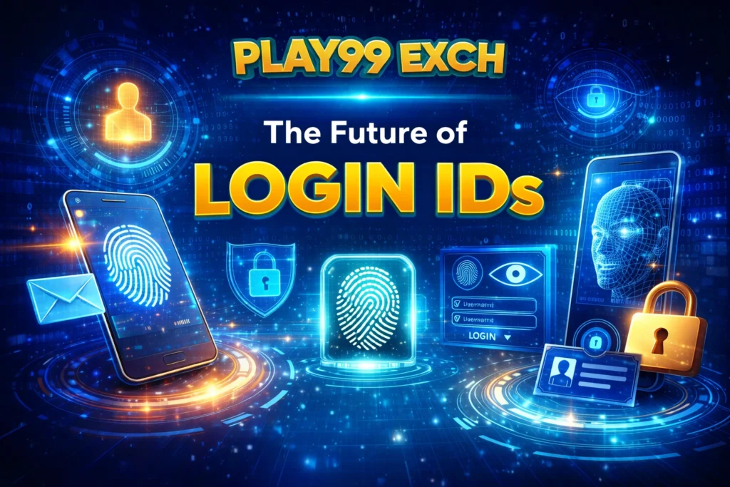 Future of Login IDs concept with biometric authentication, facial recognition, and Play99 Exch logo