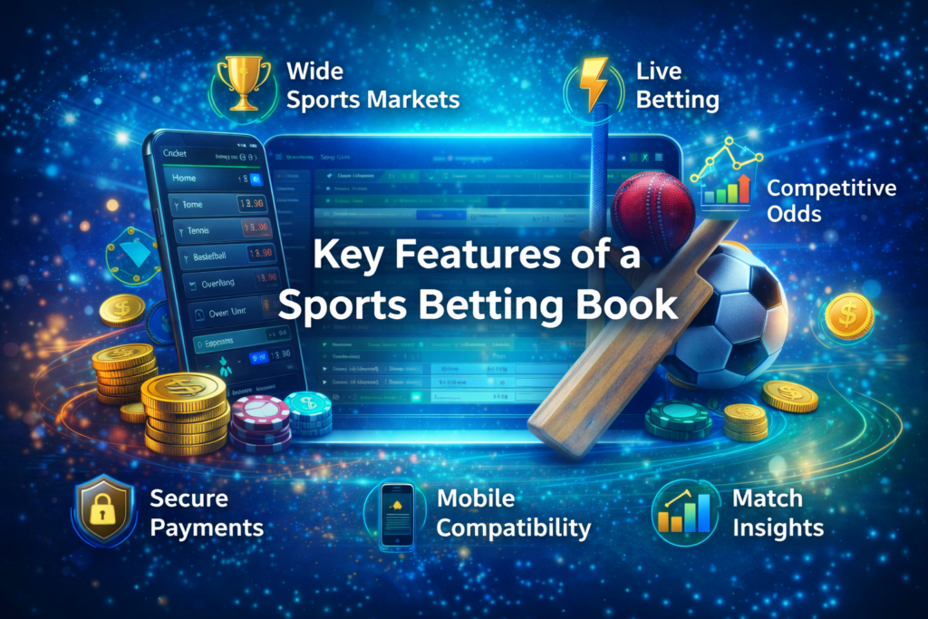 Key features of a sports betting book platform including live betting, secure payments, competitive odds, and mobile compatibility