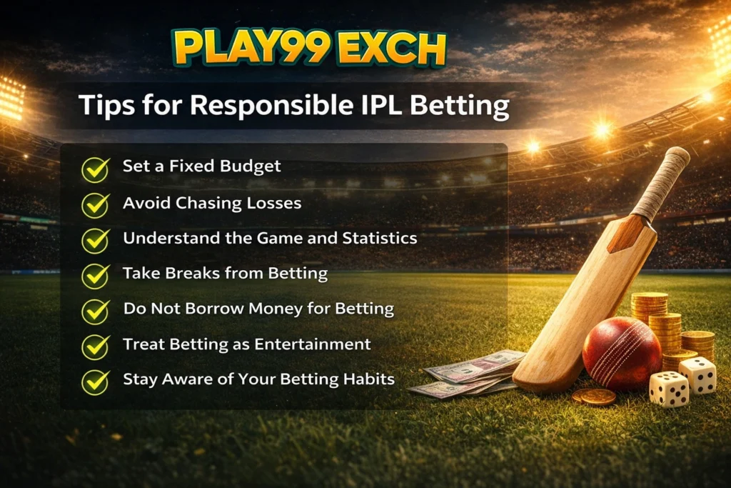 Tips for responsible IPL betting with Play99Exch logo and cricket betting elements