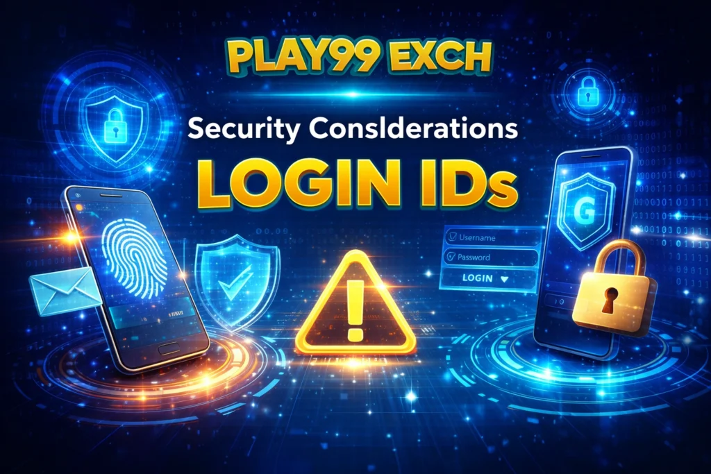 Security considerations for Login ID with digital lock, biometric authentication, and Play99 Exch logo