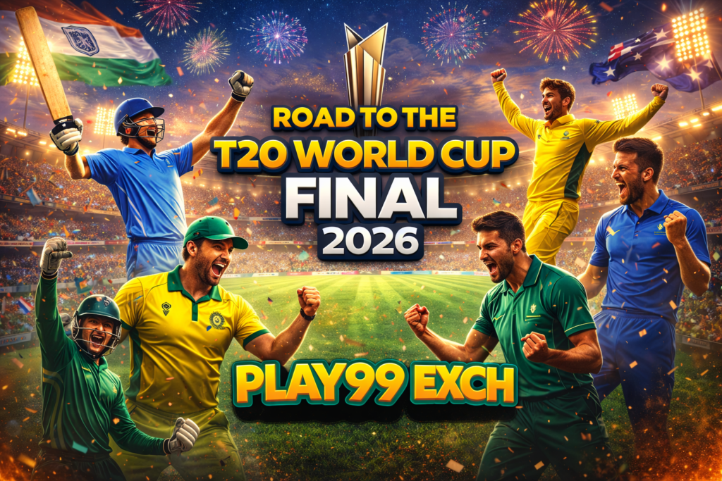 Road to the T20 World Cup Final 2026 cricket tournament journey with Play99 Exch logo
