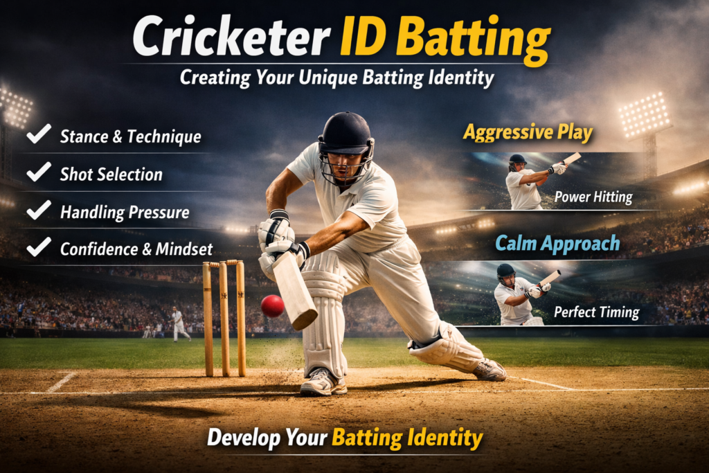 Cricket batsman demonstrating cricketer ID batting technique and shot selection in stadium