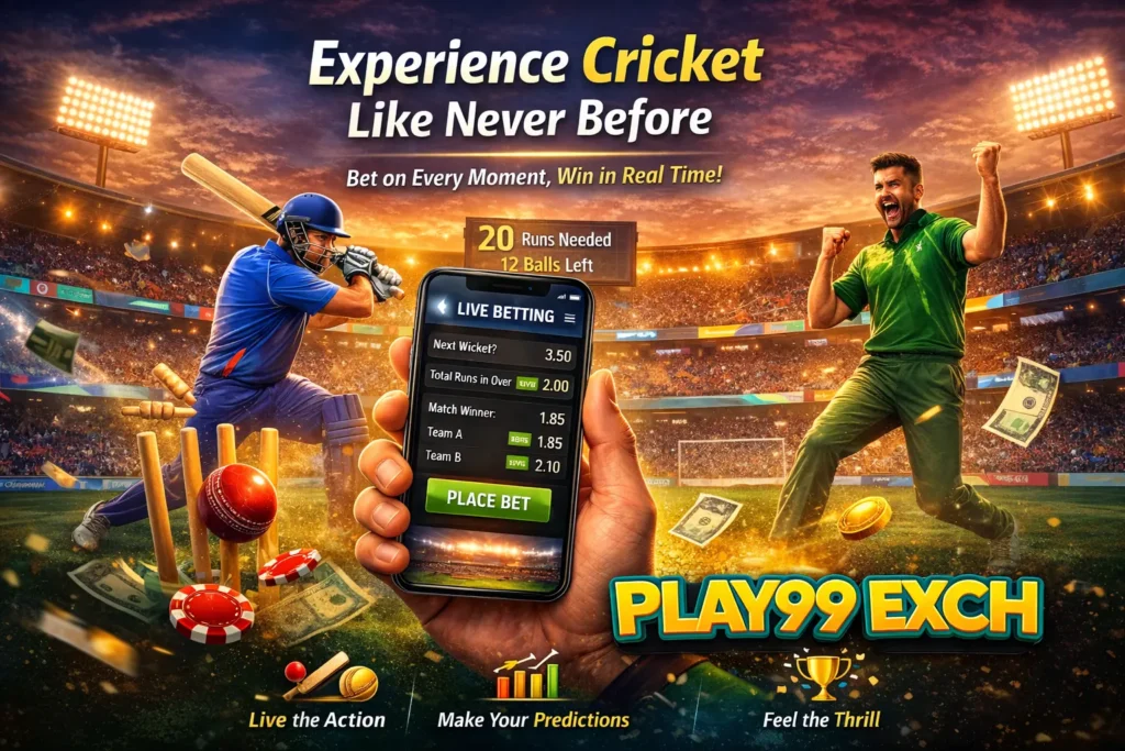 PLAY99 EXCH cricket betting app banner showing live cricket match betting, real-time odds and mobile betting interface