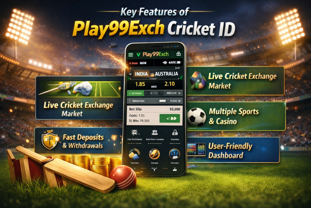 Play99Exch Cricket ID key features banner showing live cricket exchange market, fast deposits withdrawals, multiple sports betting, and mobile dashboard