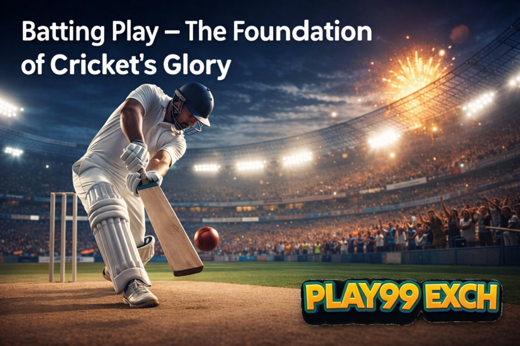 Batting Play in Cricket with Play99Exch Logo – Professional Cricket Action Shot