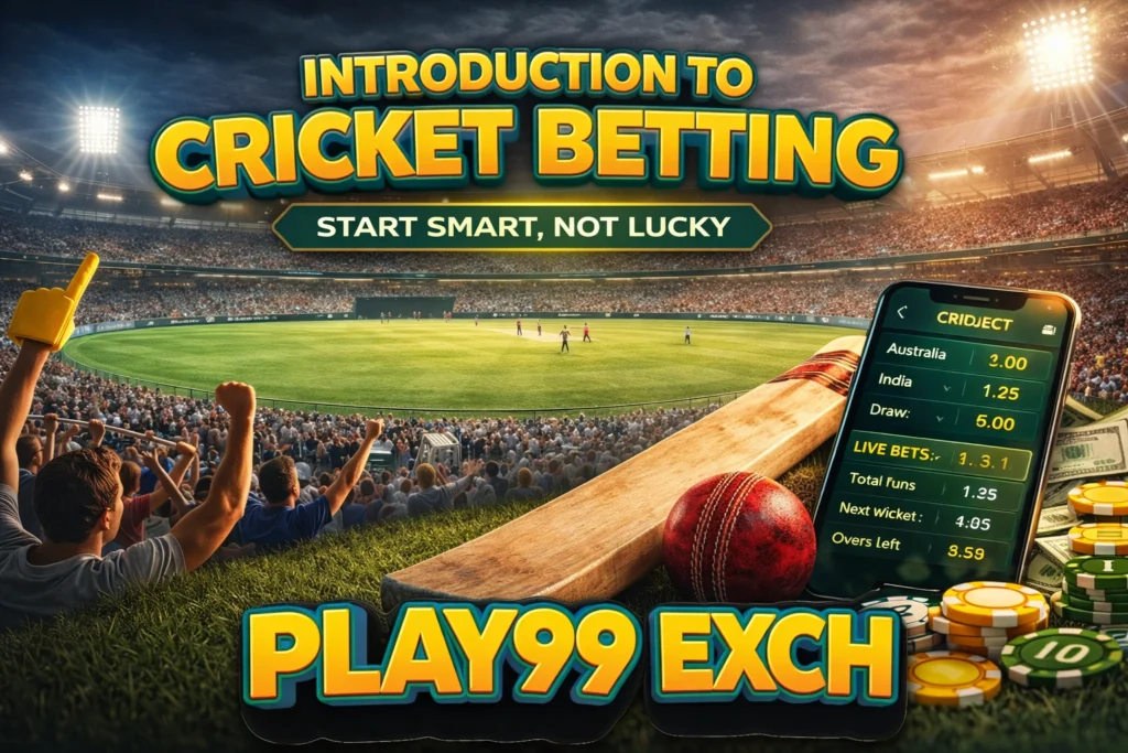 Play99Exch cricket betting tips guide banner with stadium and betting screen