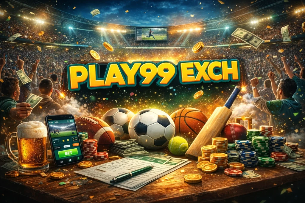 Play99 EXCH sports betting platform banner with betting odds, sports equipment, and online sportsbook interface