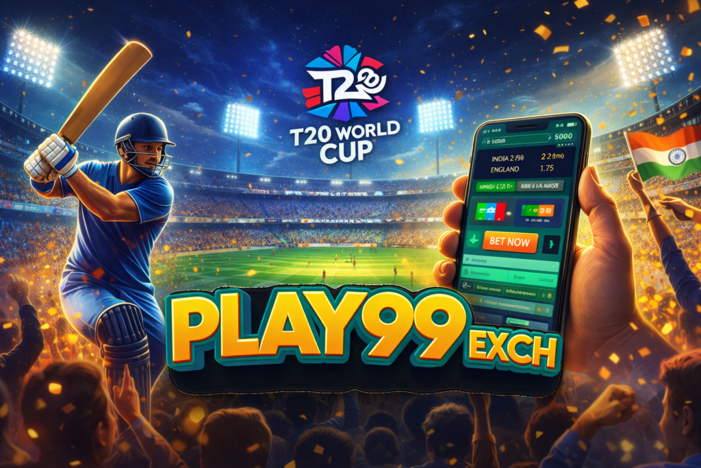 Play99Exch T20 World Cup betting ID online cricket betting banner with stadium and mobile app