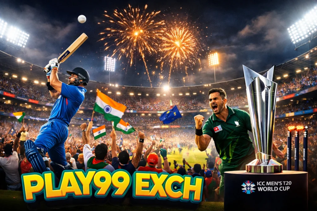 T20 World Cup cricket stadium action with batsman hitting six, cheering crowd, fireworks and trophy presentation