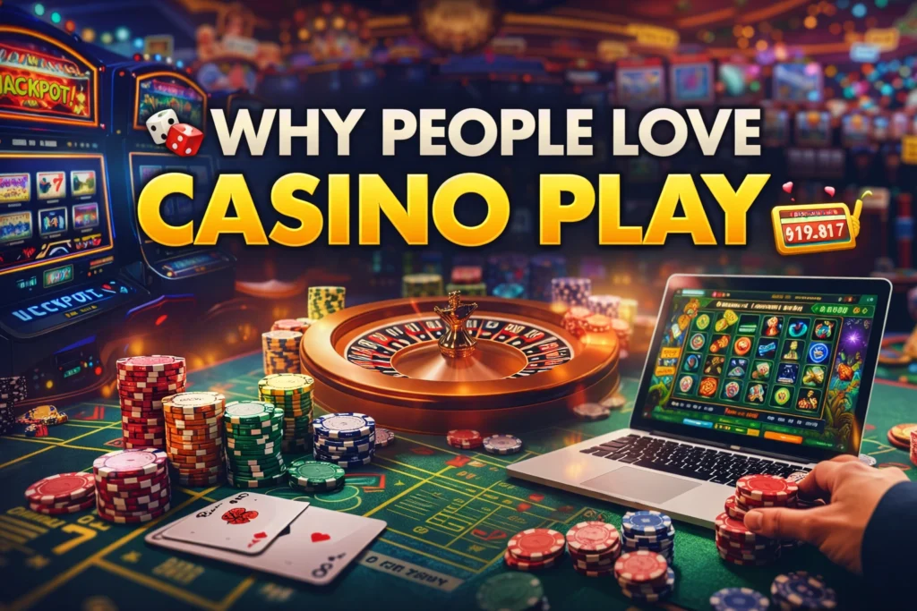 Why people love casino play featuring roulette wheel, slot machines, poker chips and online casino gaming on laptop