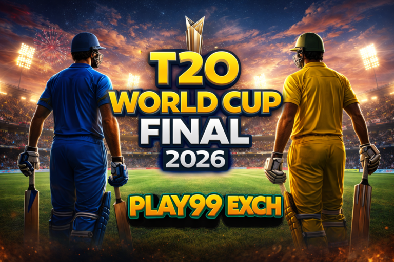 T20 World Cup Final 2026 cricket stadium match preview with Play99 Exch logo